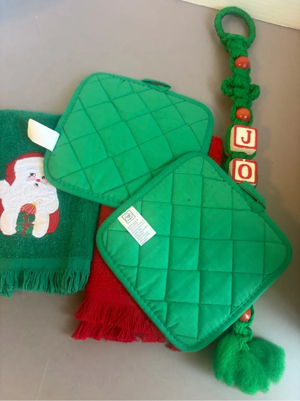 Vintage Santa Kitchen Towels and Pot Holders - Red & Green Christmas Set